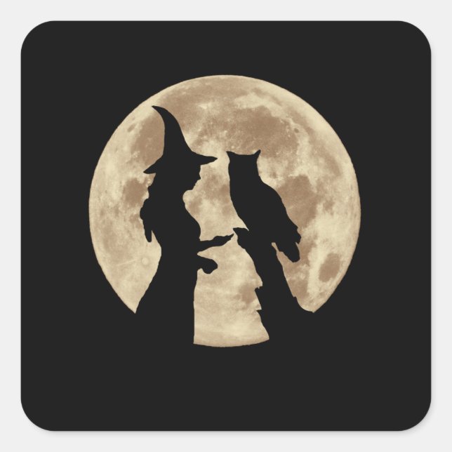 Halloween Witch, Owl and Full Moon Square Sticker (Front)