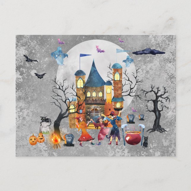 Halloween Witch Party Haunted House Watercolor  Postcard (Front)