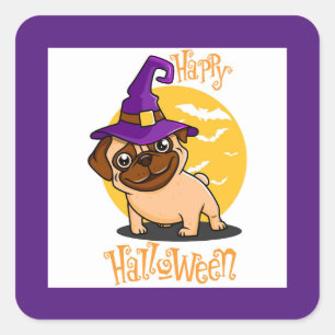 Halloween Witch Pug Square Stickers