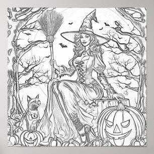 Halloween witch, pumpkin, and cat colouring page poster