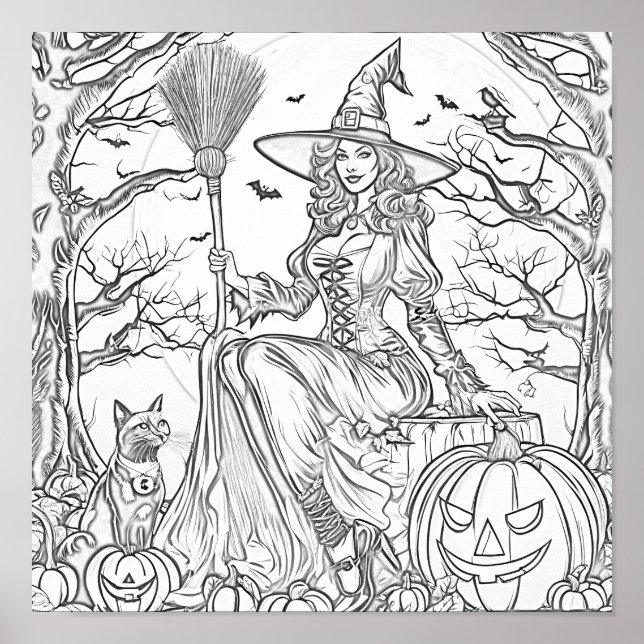 Halloween witch, pumpkin, and cat colouring page poster (Front)