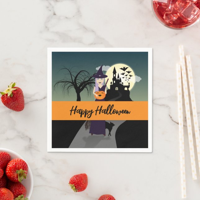 Halloween Witch Pumpkin Black cat Your text Napkin (Insitu)