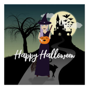 Halloween Witch Pumpkin Black cat Your text Poster