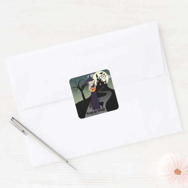 Halloween Witch Pumpkin Black cat Your text Square Sticker (Envelope)