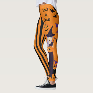 Halloween witch pumpkin cat bats vertical stripes leggings