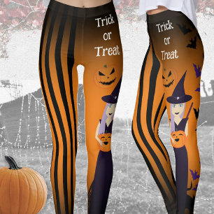 Halloween witch pumpkin cat bats vertical stripes leggings