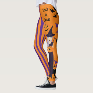 Halloween witch pumpkin cat bats vertical stripes leggings