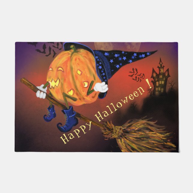 Halloween Witch Pumpkin Flying Doormat (Front)