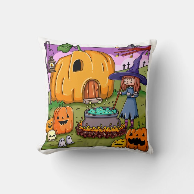 Halloween Witch Pumpkin House Cushion (Front)