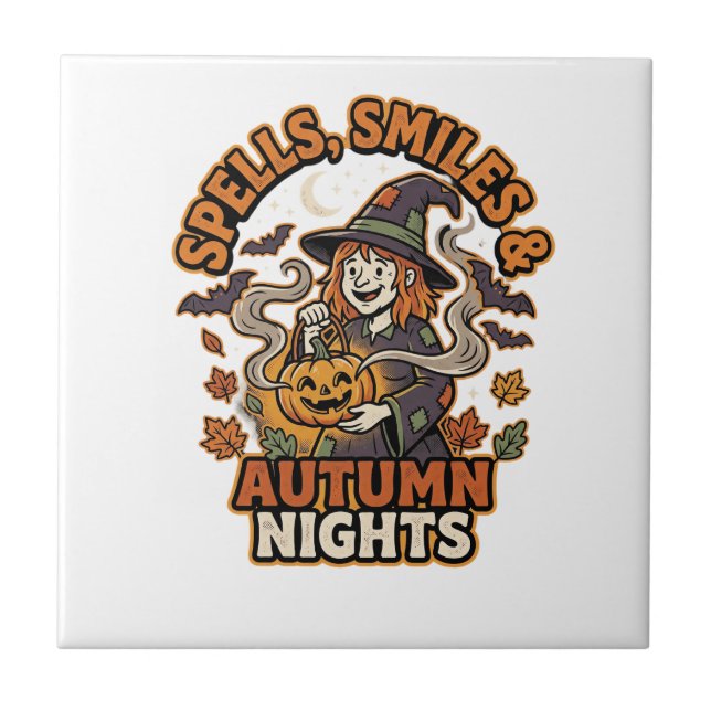 Halloween Witch Pumpkin Vibes Ceramic Tile (Front)