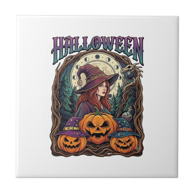 Halloween Witch Pumpkins Moon Phases_1 Ceramic Tile (Front)