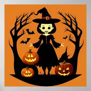 Halloween Witch Pumpkins Spooky Scene Poster