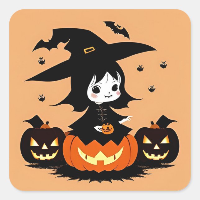 Halloween Witch Pumpkins Spooky Scene Square Sticker (Front)