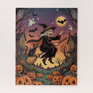 Halloween Witch Puzzle - Witch on broom black cat