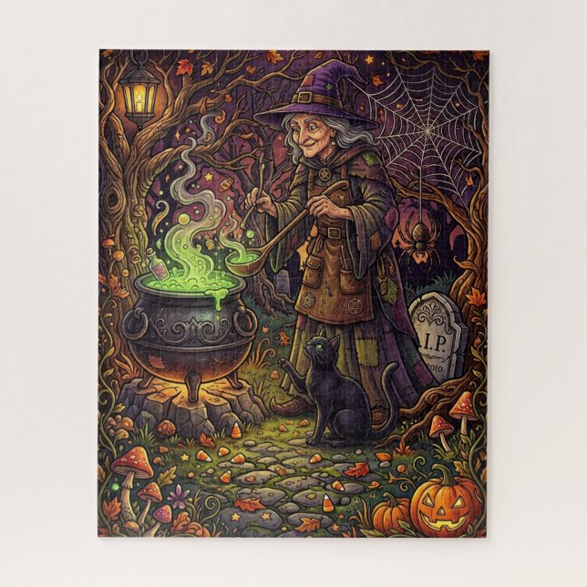 Halloween Witch Puzzle - Witch Stirring  black cat (Vertical)