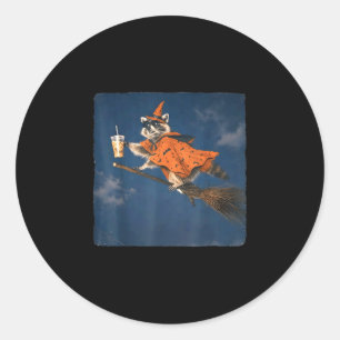Halloween witch racoon iced coffee funny animal classic round sticker