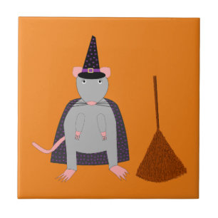 =Halloween Witch Rat and Broom Ceramic Tile