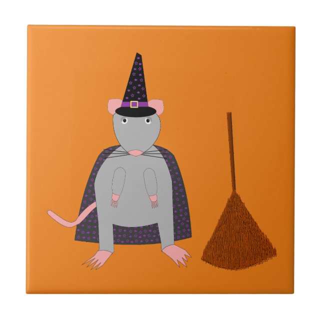 =Halloween Witch Rat and Broom Ceramic Tile (Front)