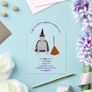 Halloween Witch Rat and Broom Custom Acrylic Invitations