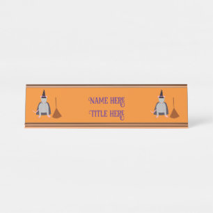 Halloween Witch Rat and Broom Custom Desk Name Plate