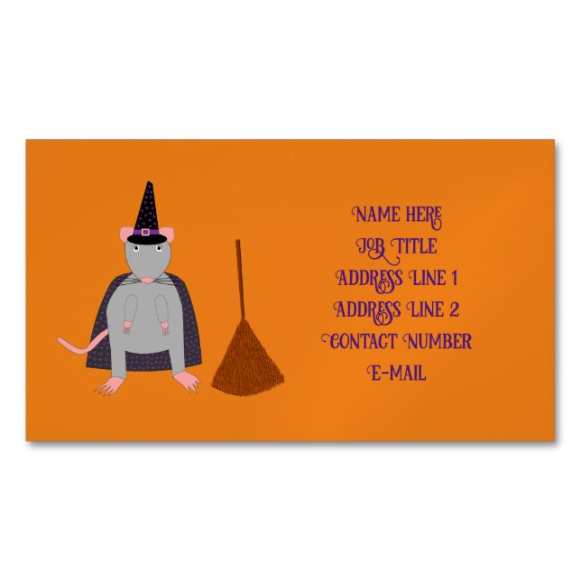 Halloween Witch Rat and Broom Custom Magnetic Business Card (Front)