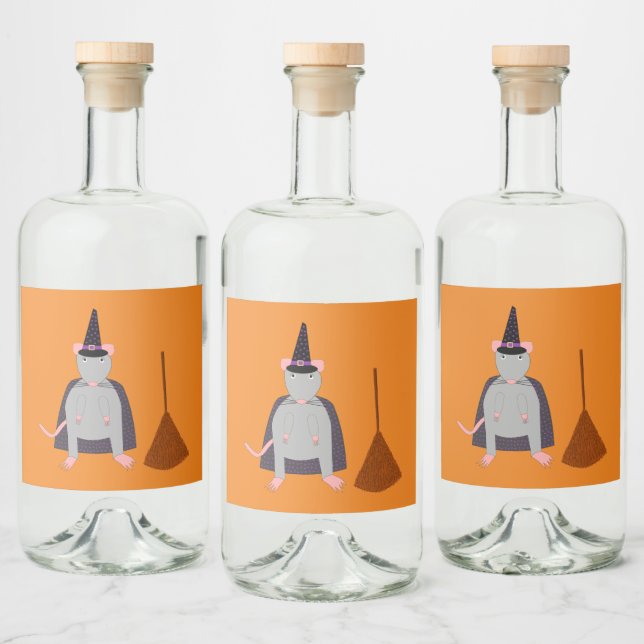 Halloween Witch Rat and Broom Liquor Bottle Label (Bottles)