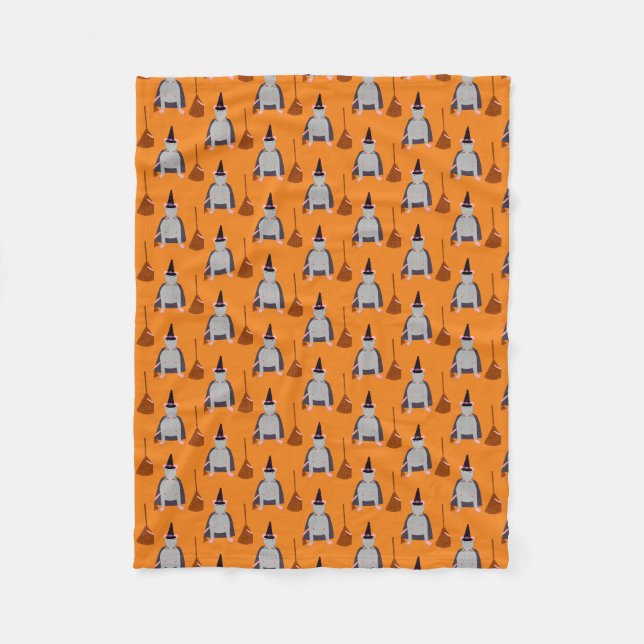 Halloween Witch Rat and Broom Patterned Fleece Blanket (Front)