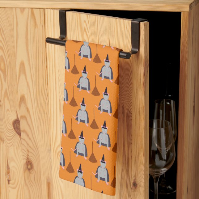 Halloween Witch Rat and Broom Patterned Tea Towel (Thirds Fold)