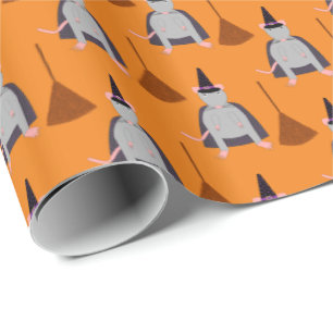 Halloween Witch Rat and Broom Patterned Wrapping Paper