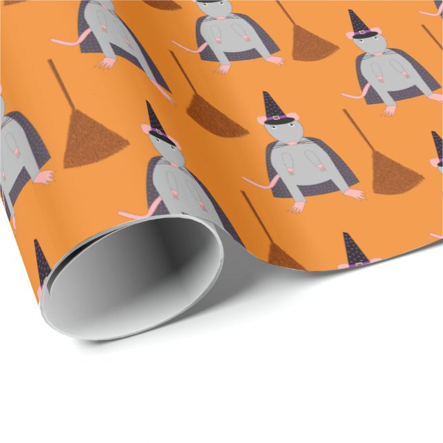 Halloween Witch Rat and Broom Patterned Wrapping Paper (Roll Corner)