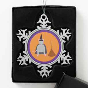 Halloween Witch Rat and Broom Snowflake Pewter Christmas Ornament