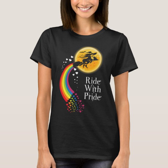 Halloween Witch Ride With Pride LGBT T Shirt LGBT (Front)