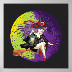 Halloween Witch Riding Broom  Poster