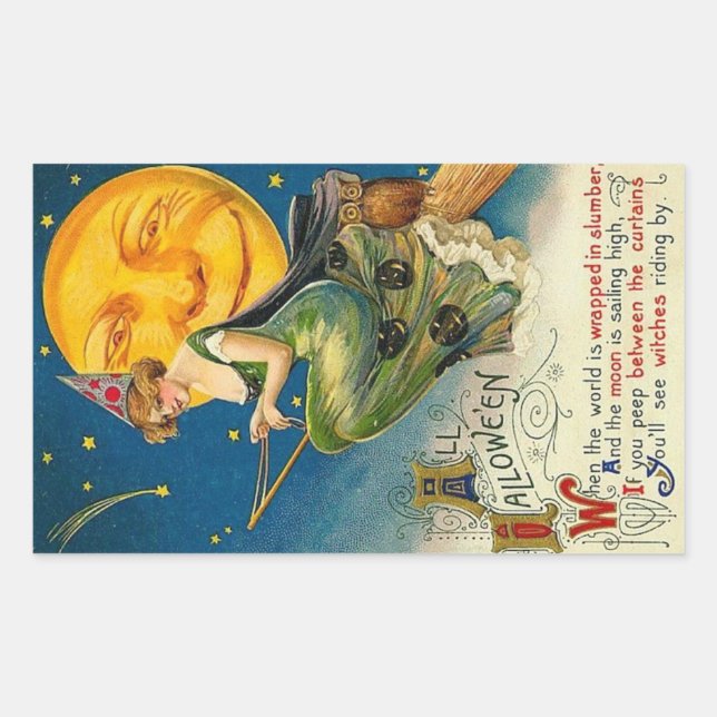 Halloween Witch Riding By Vintage Rectangular Sticker (Front)