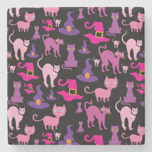 Halloween witch scary Black cat purple decorative Stone Coaster (Front)