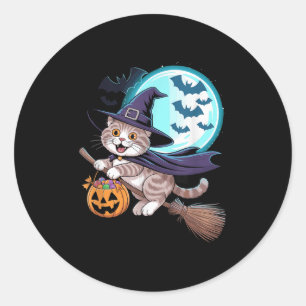 Halloween Witch Scottish Fold Moon Coupari  Classic Round Sticker