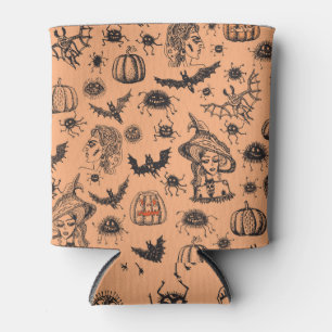 Halloween Witch Silhouette: Cartoon Pattern. Can Cooler