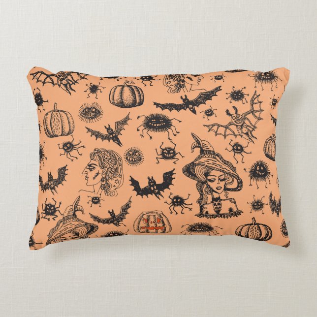 Halloween Witch Silhouette: Cartoon Pattern. Decorative Cushion (Front)