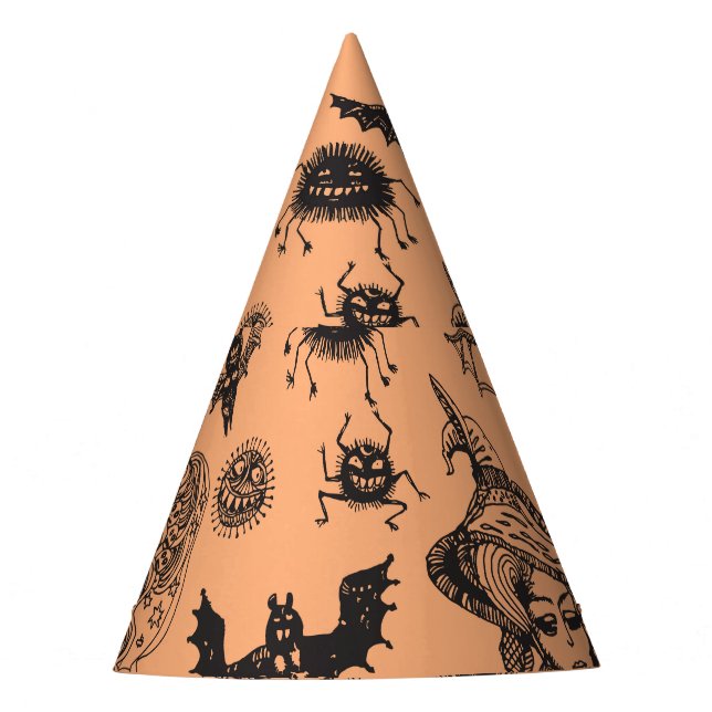 Halloween Witch Silhouette: Cartoon Pattern. Party Hat (Front)