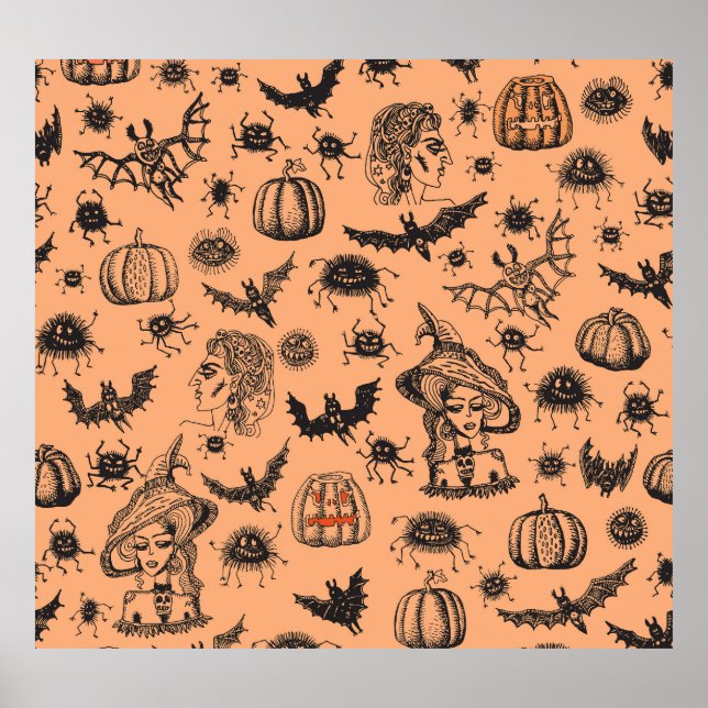 Halloween Witch Silhouette: Cartoon Pattern. Poster (Front)