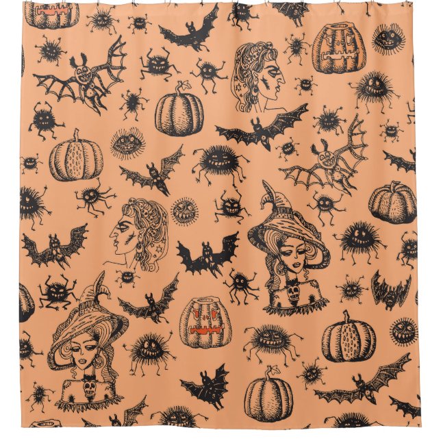 Halloween Witch Silhouette: Cartoon Pattern. Shower Curtain (Front)
