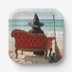 Halloween Witch Sitting On a Seashore Sofa Paper Plate
