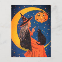 Halloween Witch Sitting On Moon Vintage