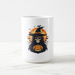 Halloween Witch Skull with Jack O Lantern Pumpkin Coffee Mug