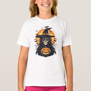 Halloween Witch Skull with Jack O Lantern Pumpkin T-Shirt