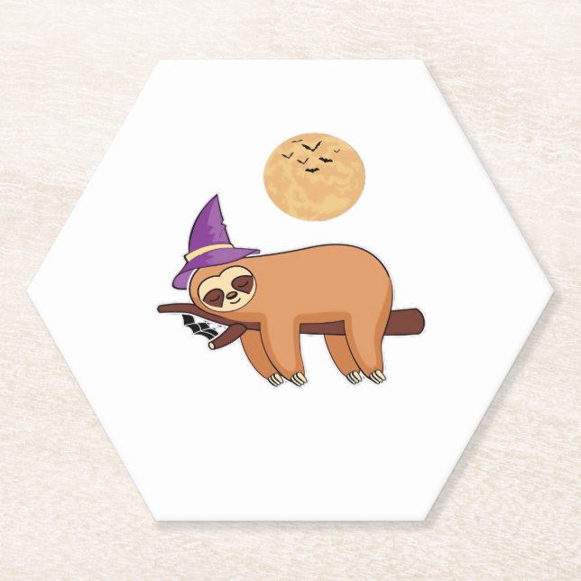Halloween Witch Sloth Oversized T-Shirt Paper Coaster (Front)