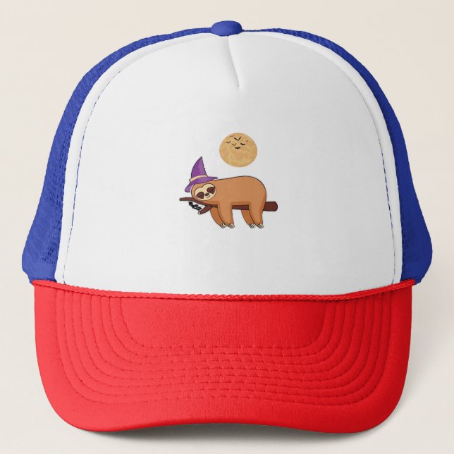 Halloween Witch Sloth Oversized T-Shirt Trucker Hat (Front)