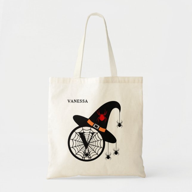 Halloween Witch Spider Monogram V Custom Name Tote Bag (Front)