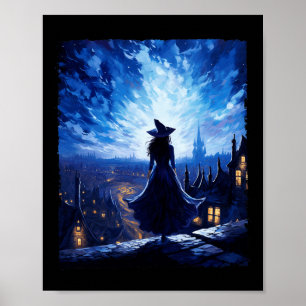 Halloween Witch Starry Night Van Gogh Aesthetic Pa Poster