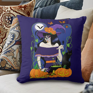 Halloween Witch Sugar Skull Cushion